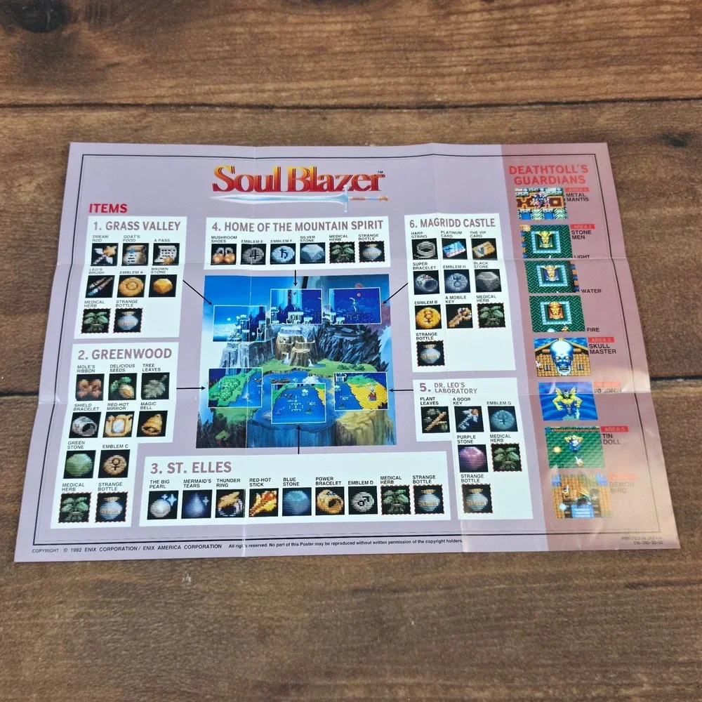 Nintendo Soul Blazer Poster SNES OS Blue Excellent Vintage Game Guide Insert